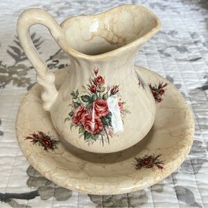 Athena Floral Cream Small Pitcher and Basin Bowl Set with Roses